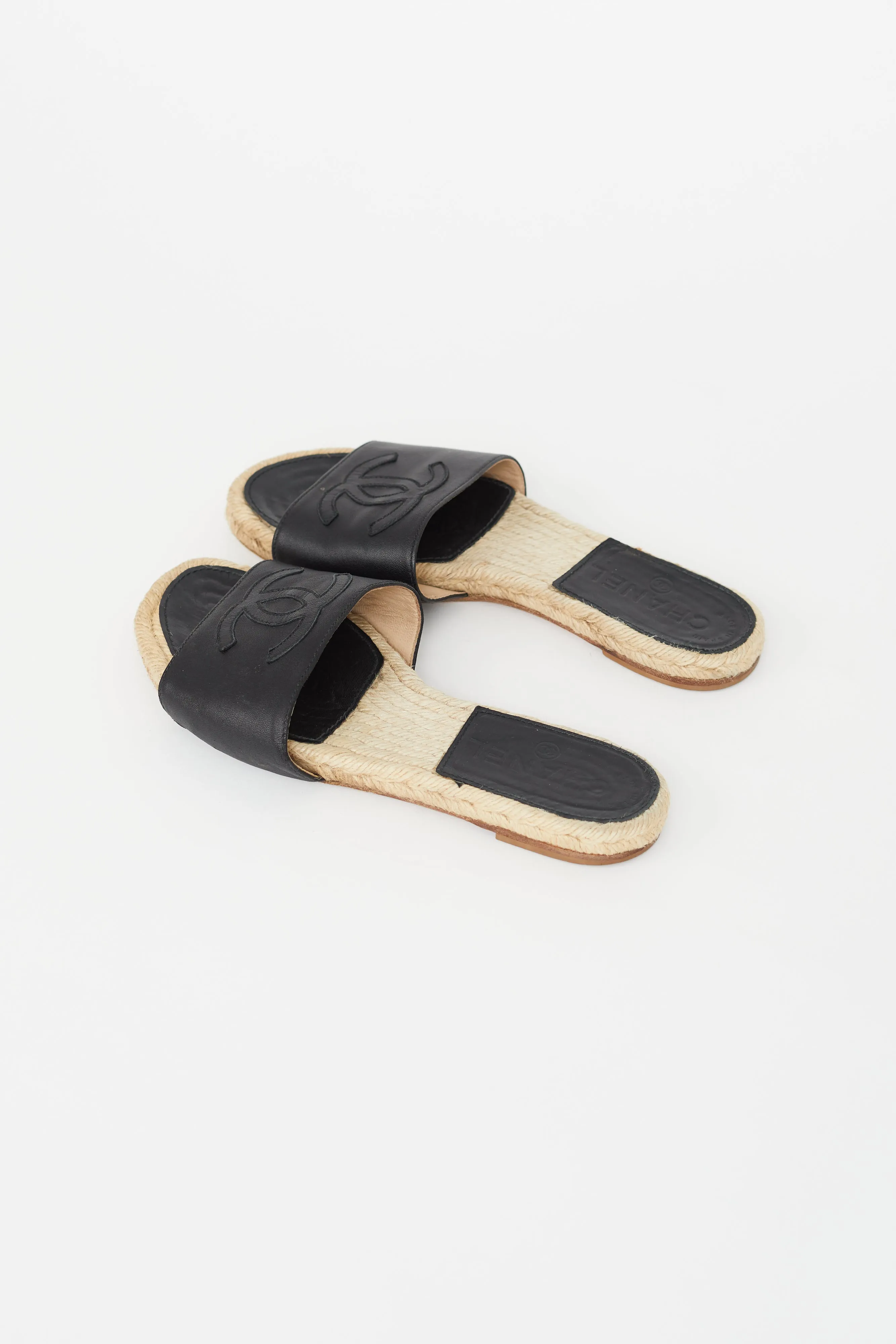 Black Leather Logo Espadrille Slide