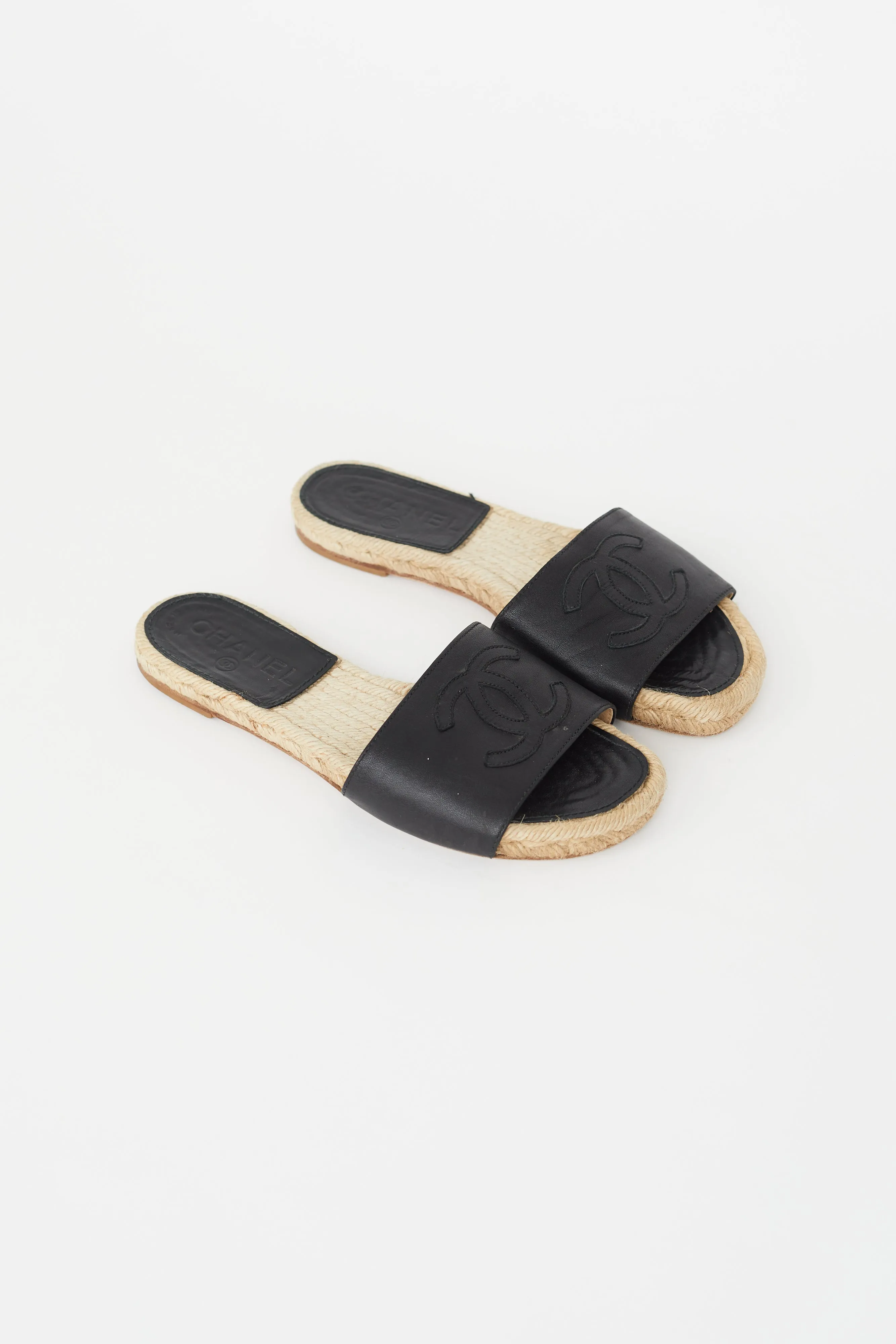 Black Leather Logo Espadrille Slide
