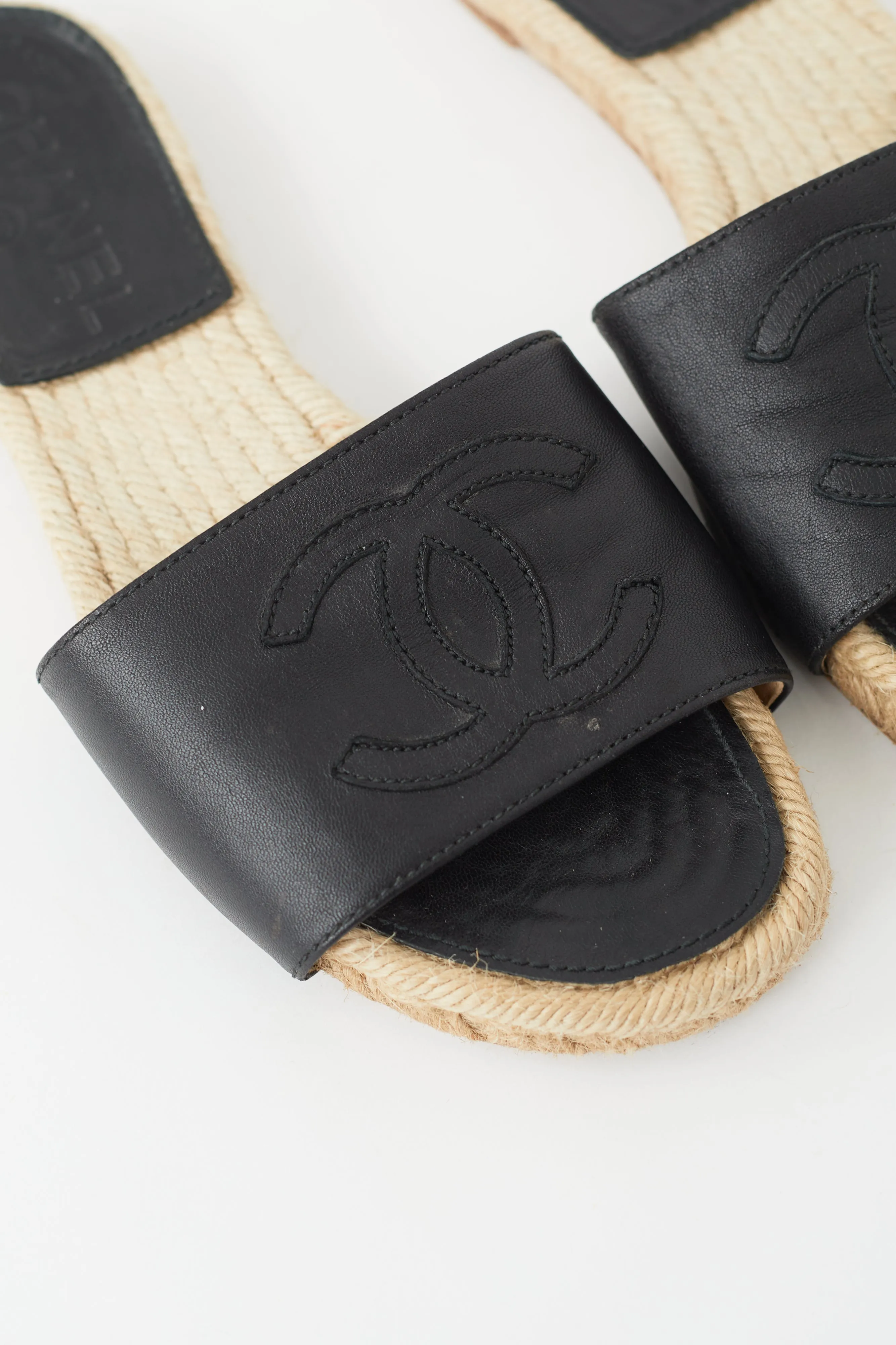 Black Leather Logo Espadrille Slide