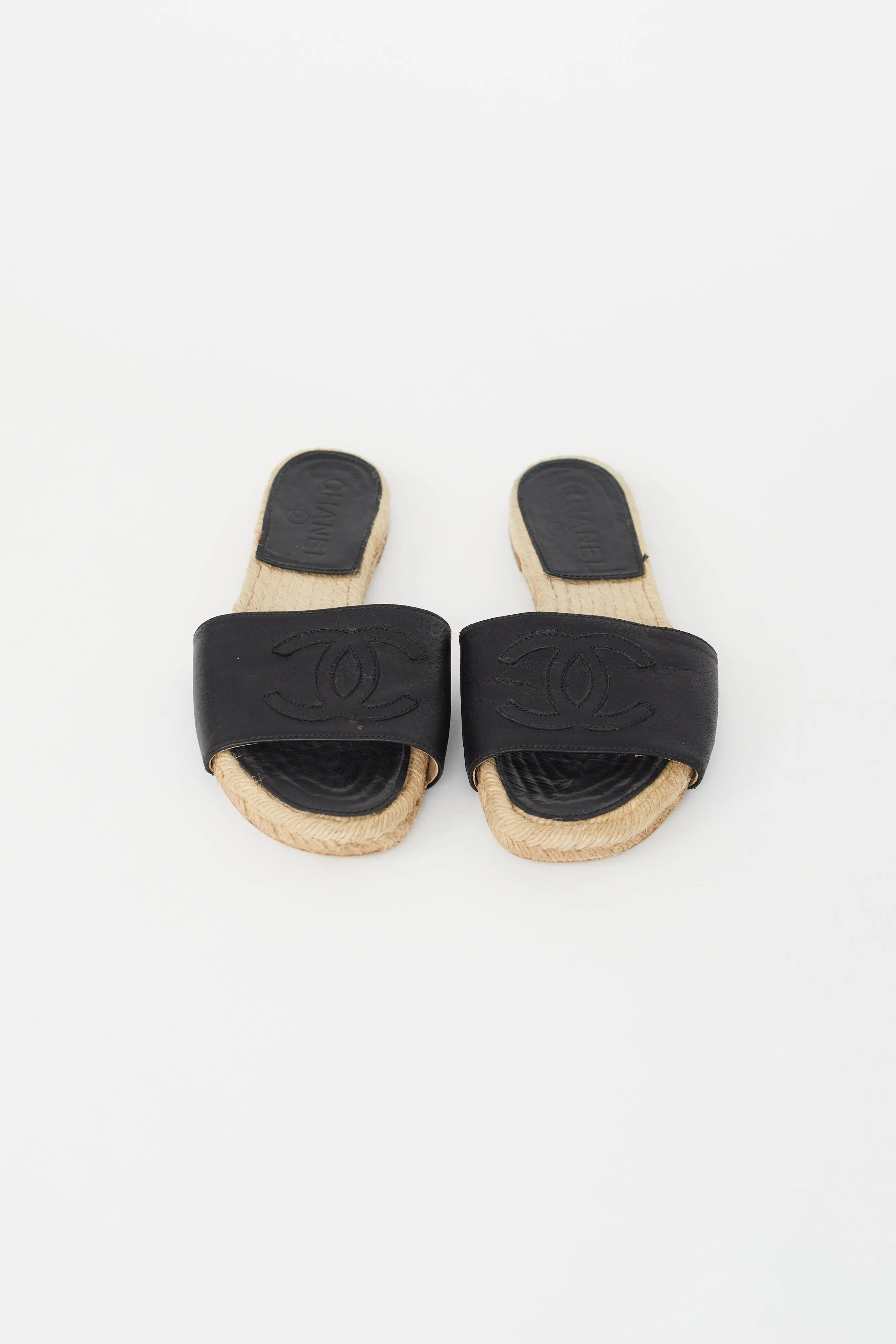 Black Leather Logo Espadrille Slide