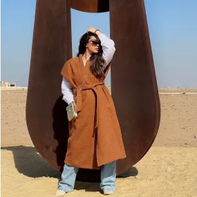Faux shearling long wrap vest