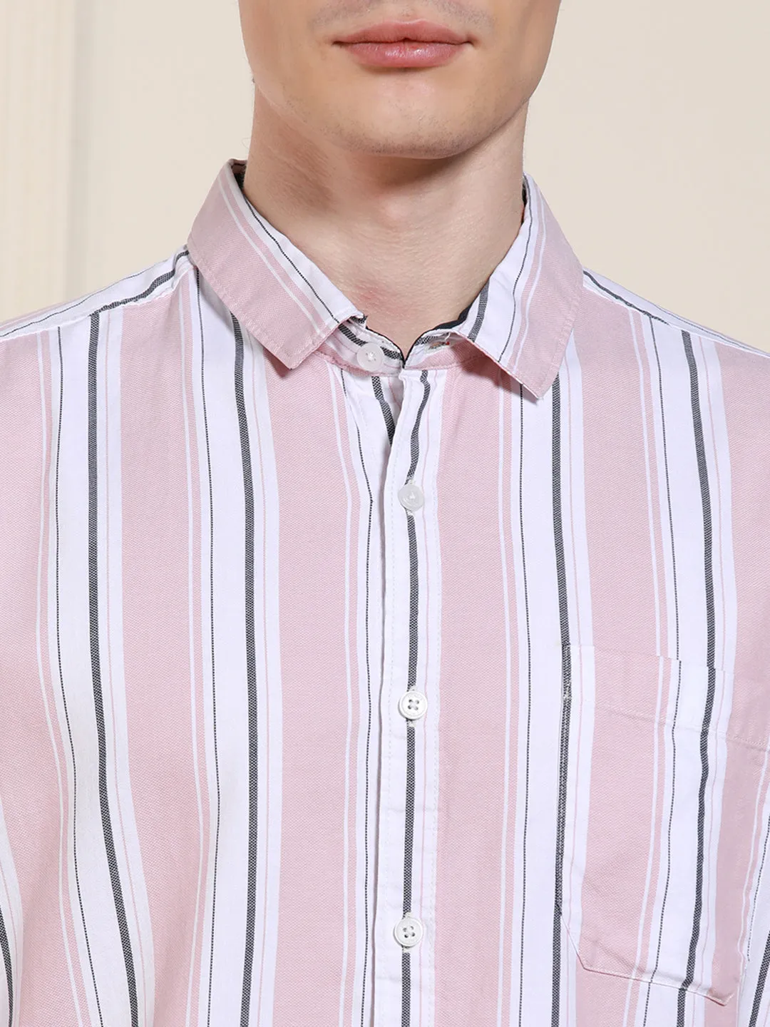 Men's Pink Cotton Striped Spread Collar Casual Shirt