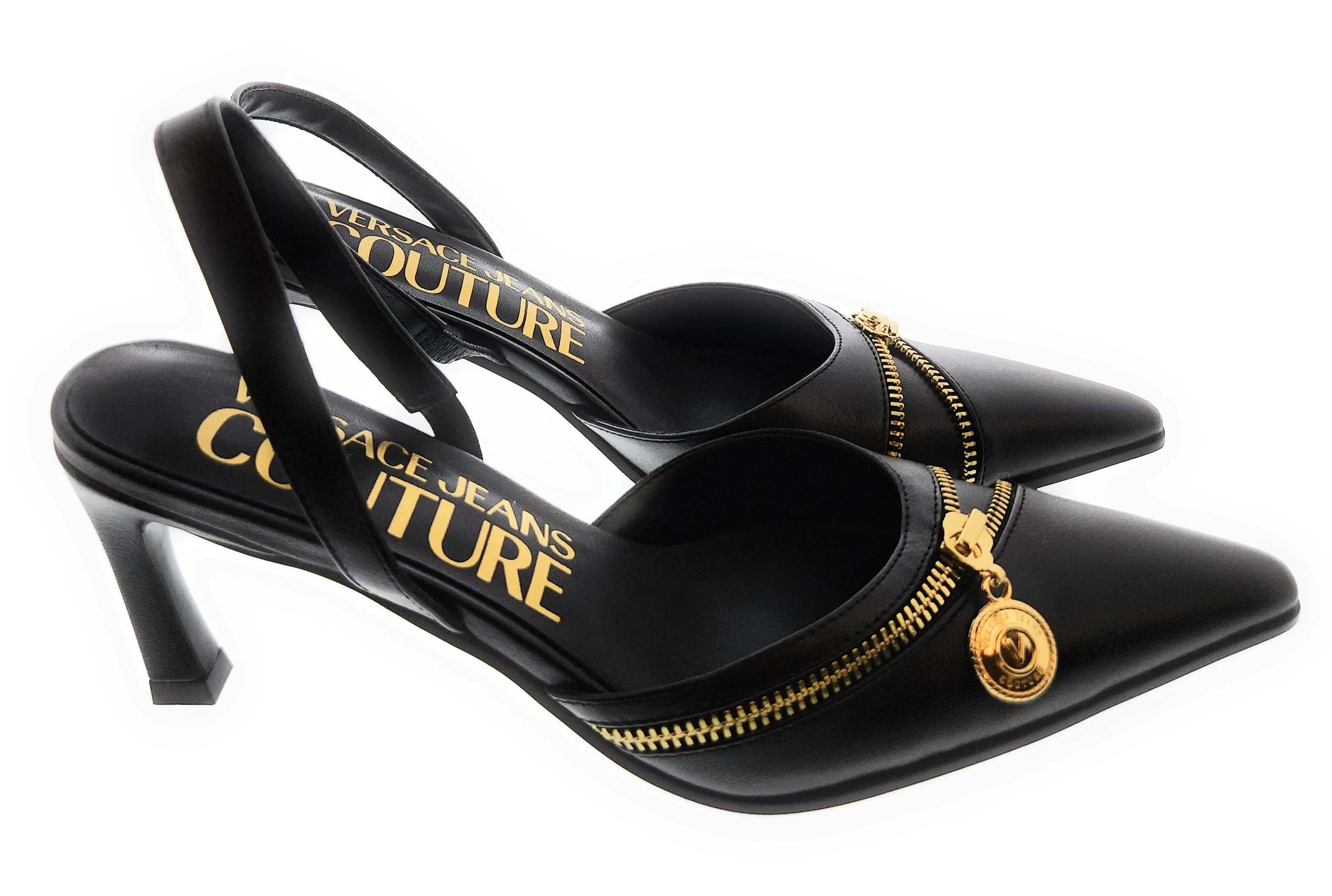 Versace Jeans Couture Black Zipper Pointed Toe High Heel Slingback-