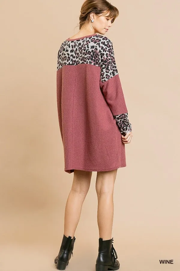 Wine & Animal Print Waffle Dress